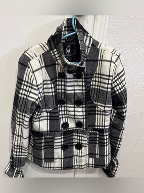 Ashley By 26 International Black & White Plaid Double-Breasted Pea Coat